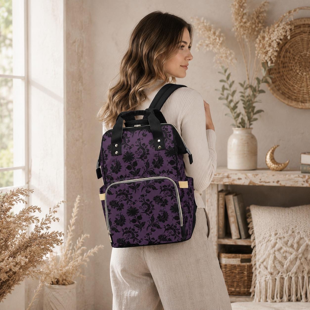 Gothic Diaper Bag Backpack, Purple Damask Baby Bag, Nursery Organizer
