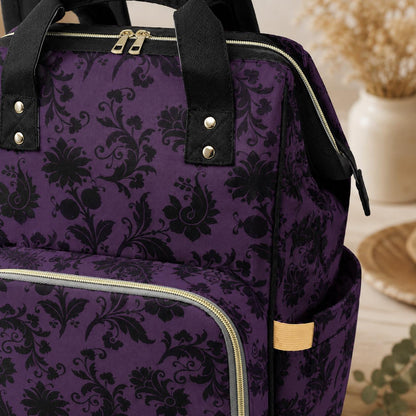 Gothic Diaper Bag Backpack, Purple Damask Baby Bag, Nursery Organizer