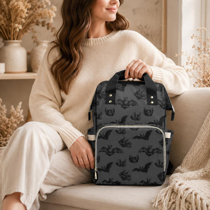 Spooky Bat Print Diaper Bag, Gothic Baby Backpack, Halloween Nappy Tote