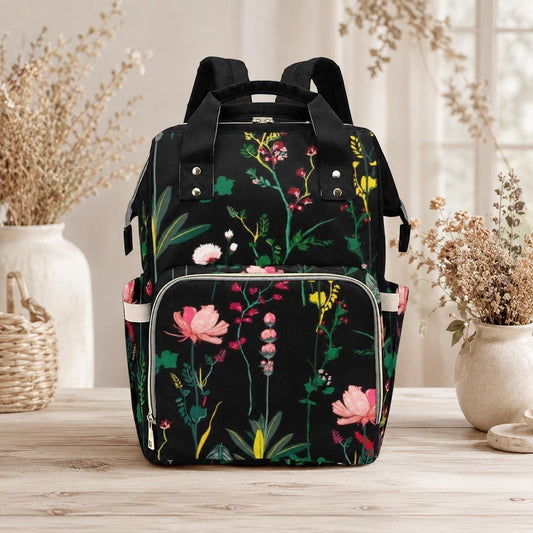 Floral Diaper Bag Backpack, Black Baby Travel Bag, Mom Backpack, Nursery Organizer