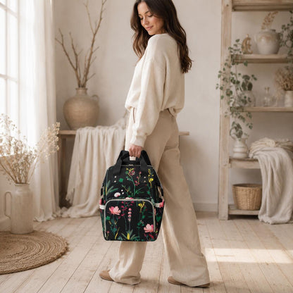 Floral Diaper Bag Backpack, Black Baby Travel Bag, Mom Backpack