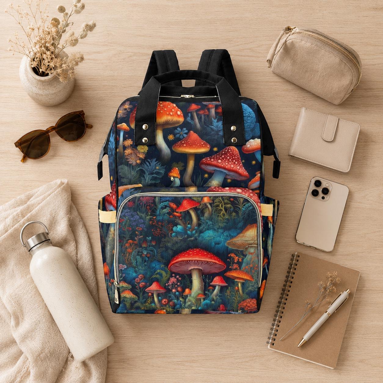 Enchanted Mushroom Forest Backpack, Cottagecore Fungi Diaper Bag, Woodland Fairycore Satchel