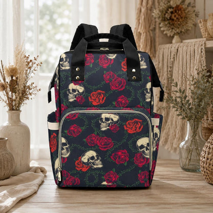 Skull Rose Diaper Bag Backpack with Dark Floral Print for Edgy Moms