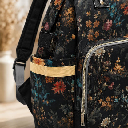Vintage Floral Diaper Backpack Dark Wildflower Baby Bag for Boho Moms