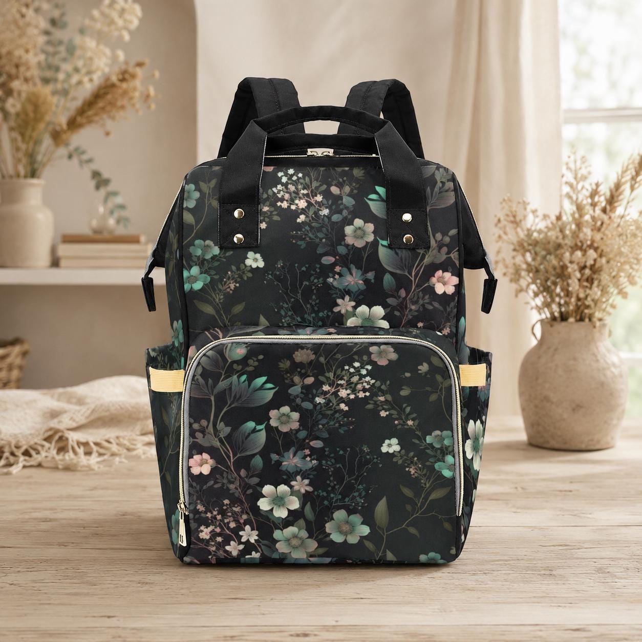 Dark Floral Backpack, Botanical Laptop Backpack, Nature Print Bag
