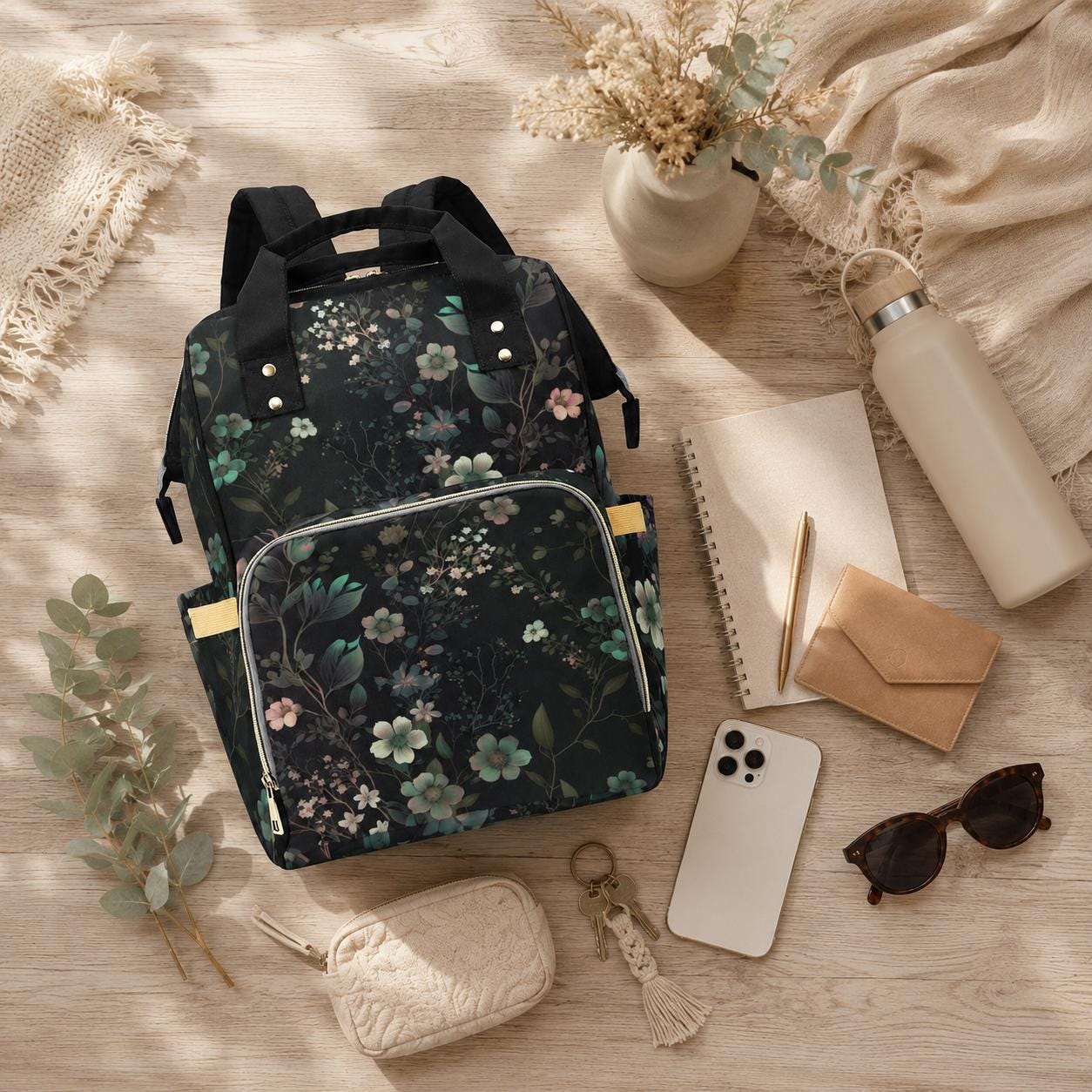 Dark Floral Backpack, Botanical Laptop Backpack, Nature Print Bag