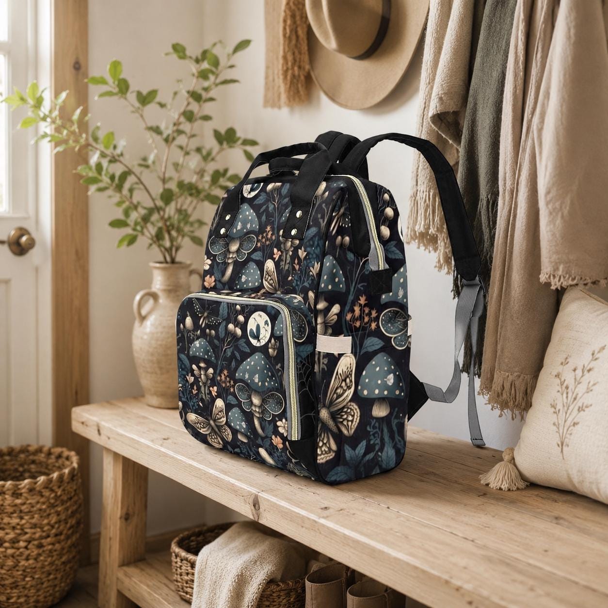 Cottagecore Mushroom Diaper Bag Backpack, Moth Baby Travel Bag, Stroller Organizer