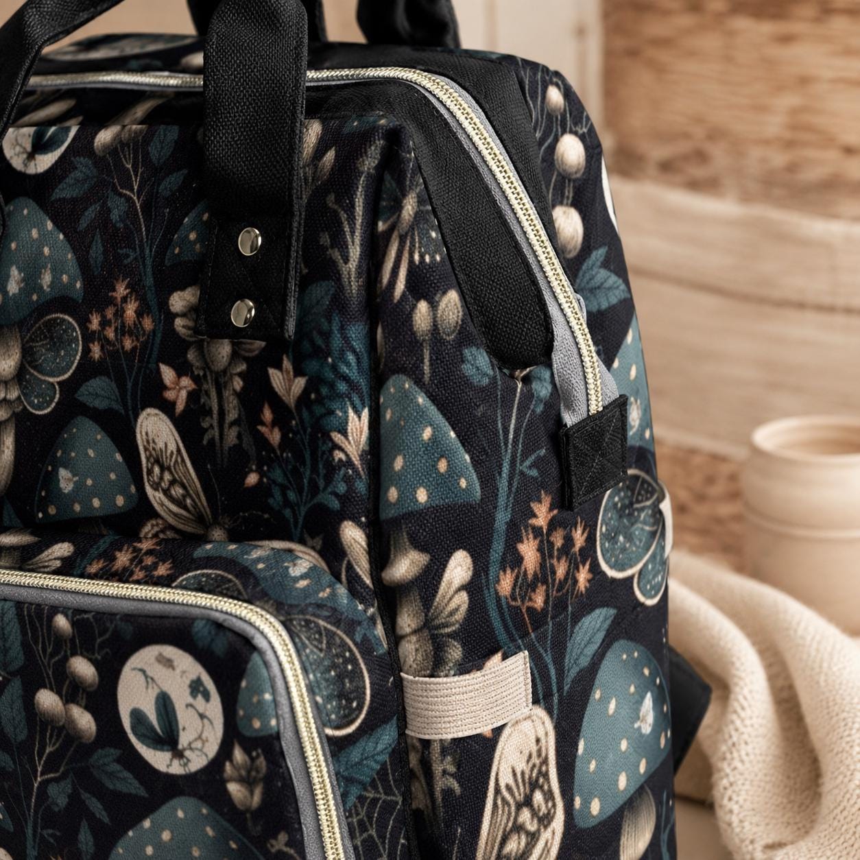 Cottagecore Mushroom Diaper Bag Backpack, Moth Baby Travel Bag, Stroller Organizer