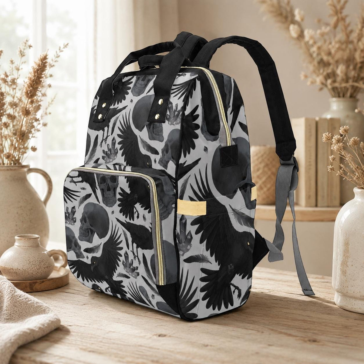 Diaper Bag Backpack, Raven Skull Goth Mom Backpack, Baby Travel Nursery Organizer