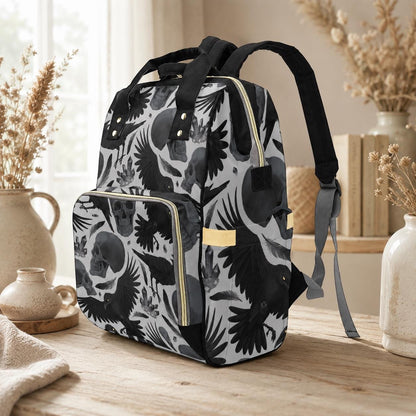 Diaper Bag Backpack, Raven Skull Goth Mom Backpack, Baby Travel Nursery Organizer