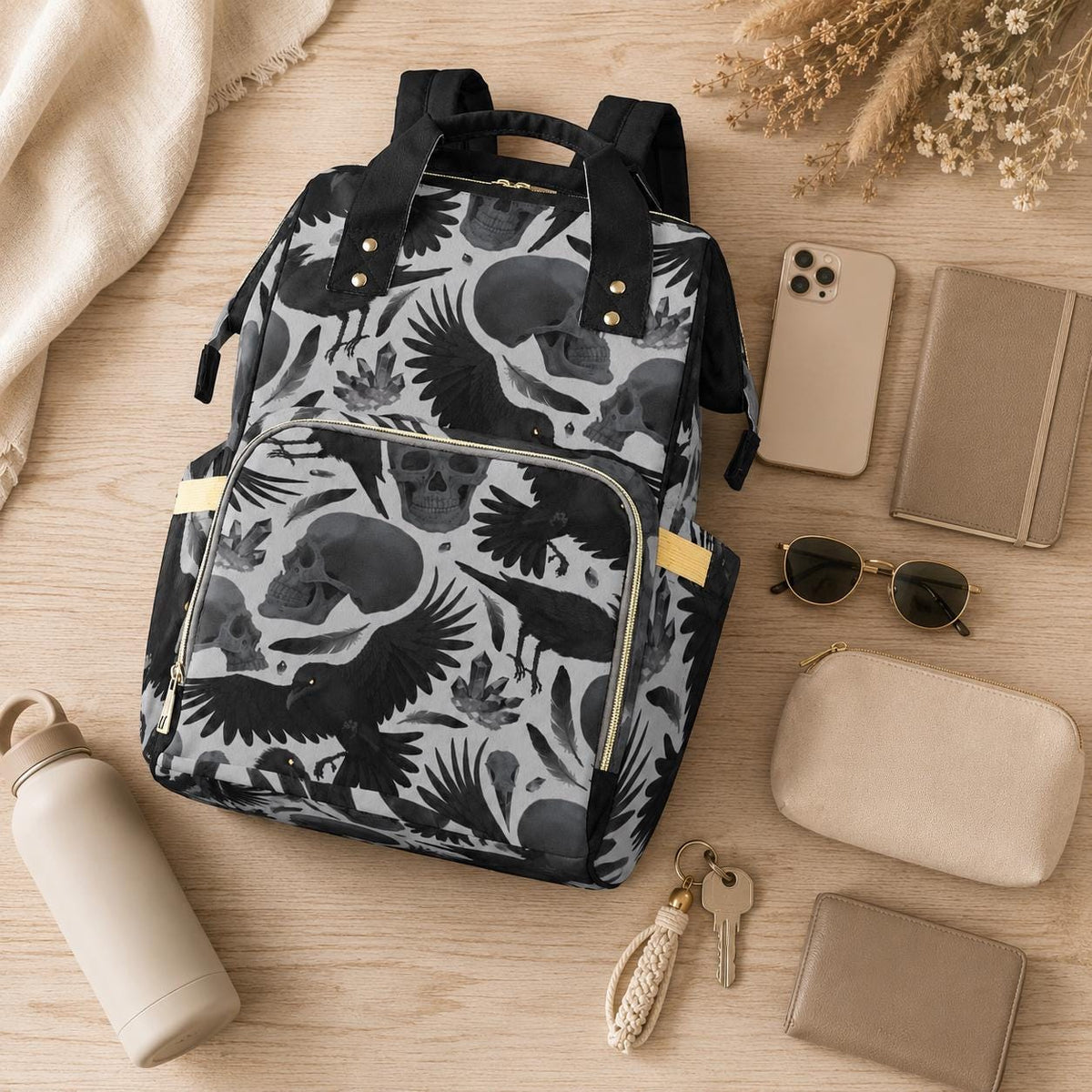 Diaper Bag Backpack, Raven Skull Goth Mom Backpack, Baby Travel Nursery Organizer