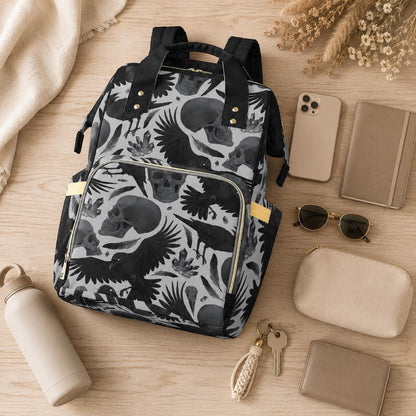 Diaper Bag Backpack, Raven Skull Goth Mom Backpack, Baby Travel Nursery Organizer