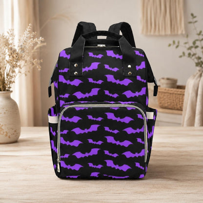 Purple Bats Diaper Backpack, Goth Mom Baby Bag, Spooky Organizer Gift Idea