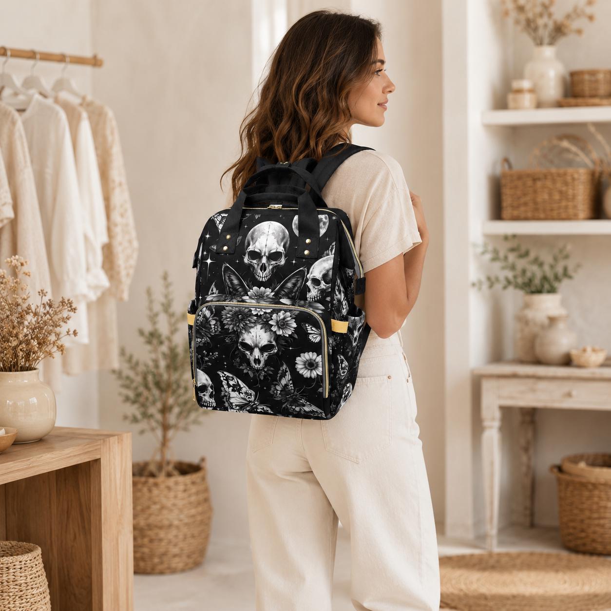Skull Butterfly Backpack Black Gothic School Bag Halloween Gift for Teens and Adults