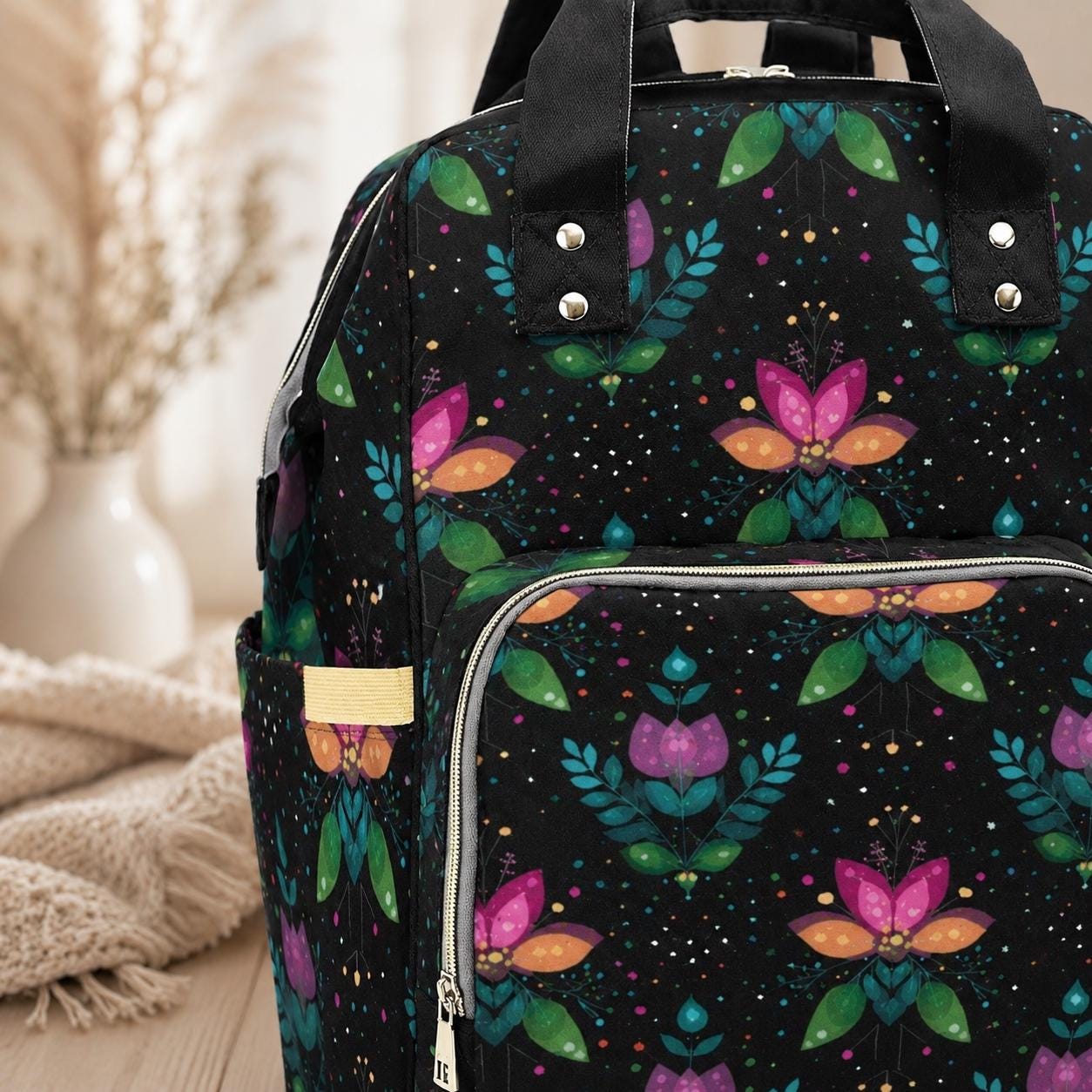 Folk Art Tulip Diaper Bag Backpack, Boho Baby Travel Pack for Moms