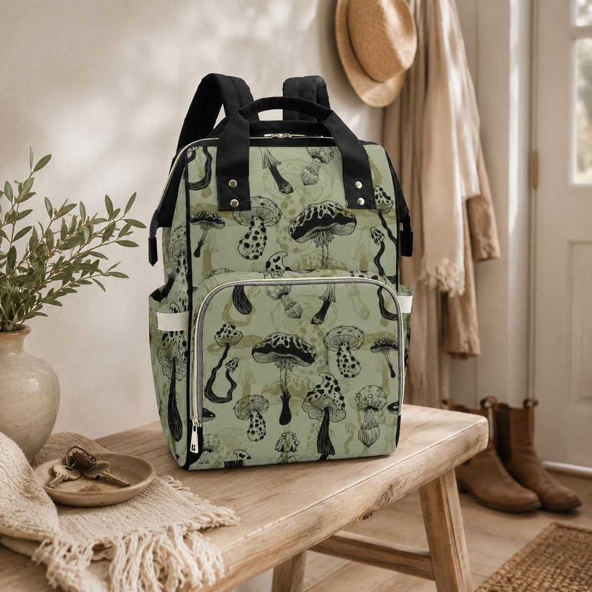 Mushroom Diaper Backpack, Woodland Baby Travel Bag, Sage Green Mom Bag