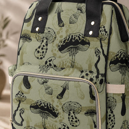 Mushroom Diaper Backpack, Woodland Baby Travel Bag, Sage Green Mom Bag