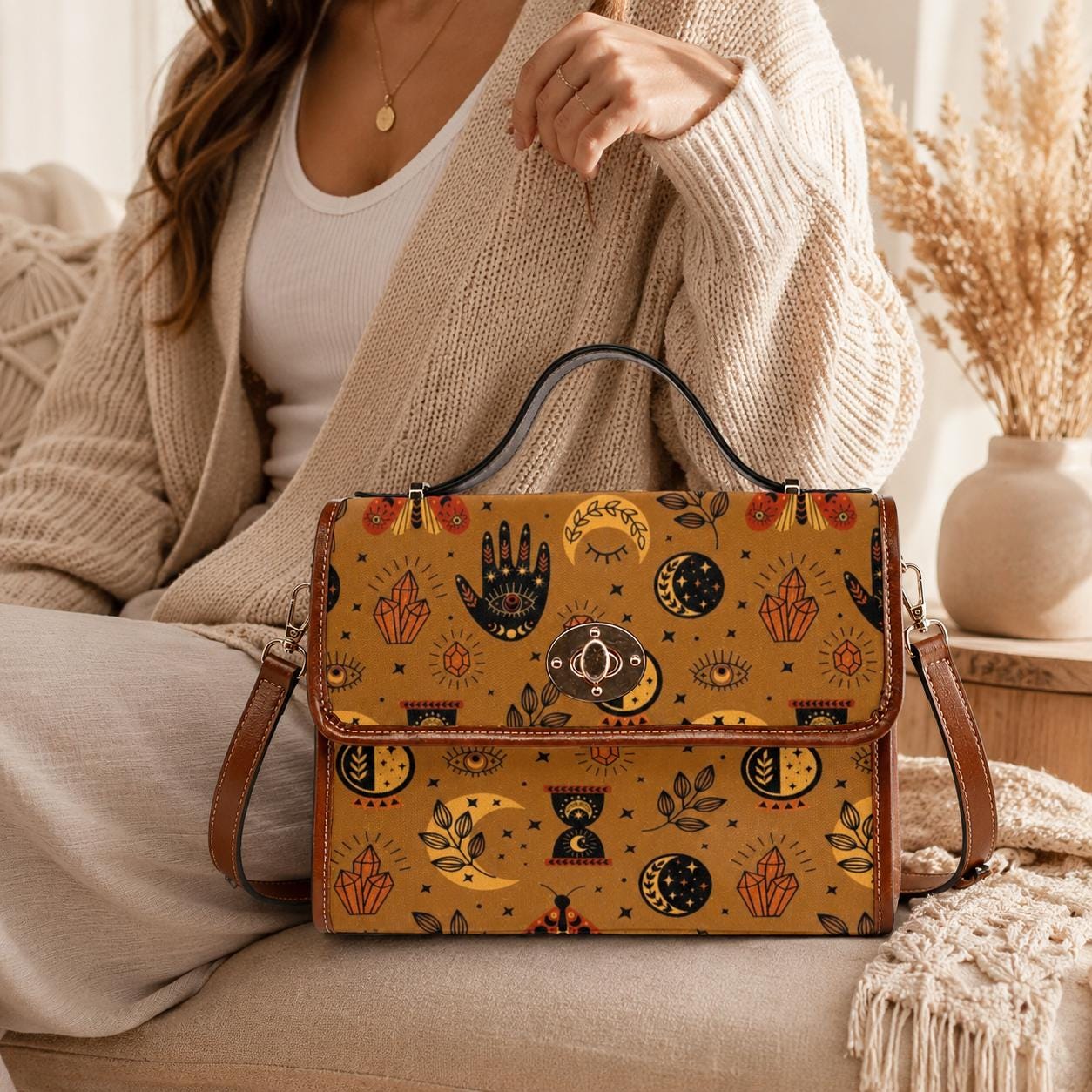 Mystic symbols purse, boho witchy bag with palm hand print, celestial crossbody bag