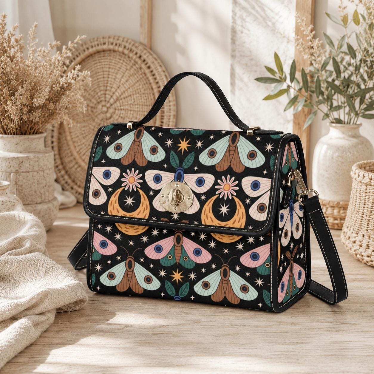Celestial Moth Top Handle Purse, Moon Star Handbag, Witchy Art Nouveau Statement Bag