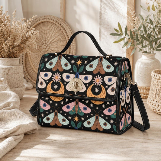 Celestial Moth Top Handle Purse, Moon Star Handbag, Witchy Art Nouveau Statement Bag