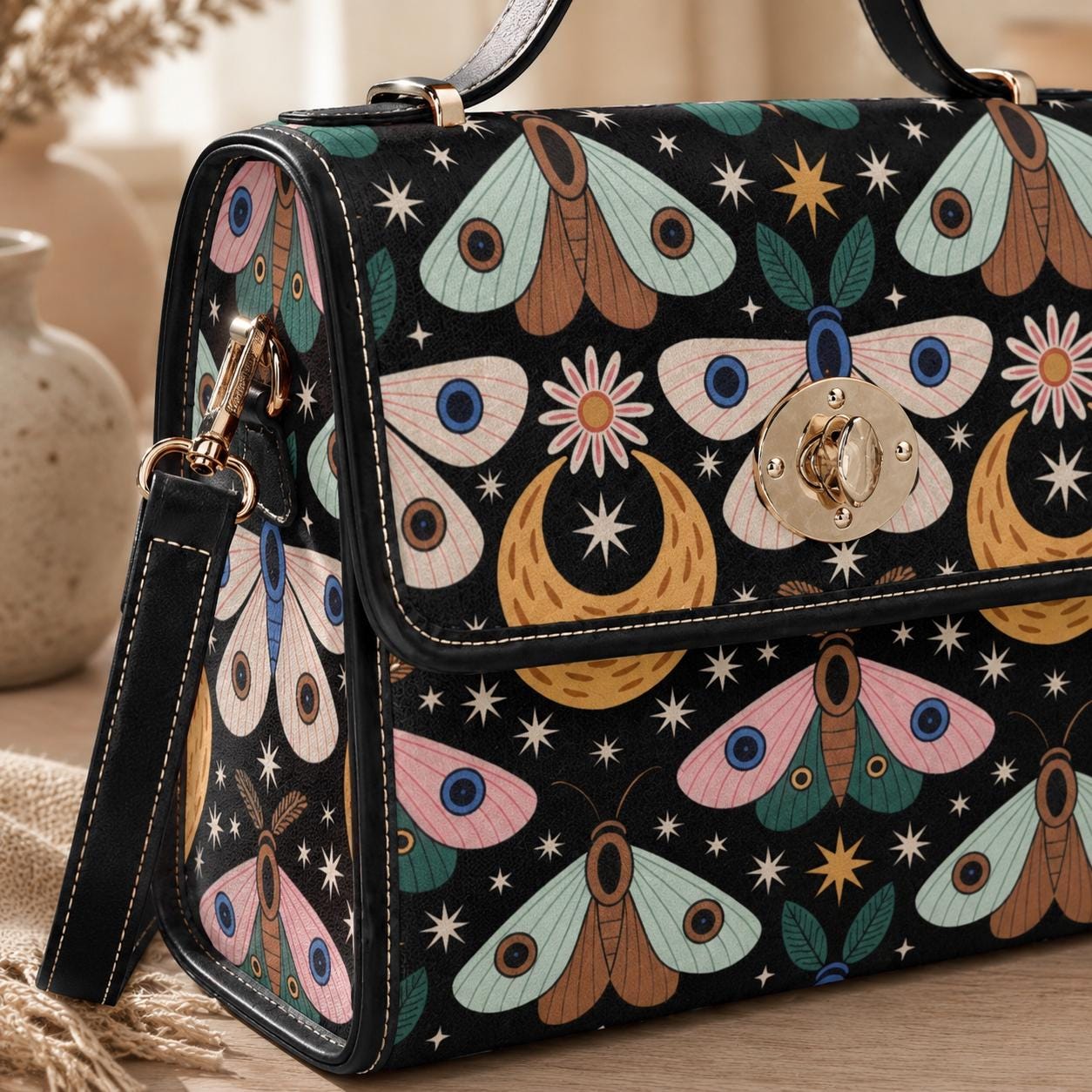 Celestial Moth Top Handle Purse, Moon Star Handbag, Witchy Art Nouveau Statement Bag