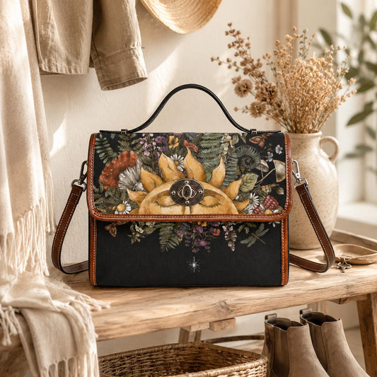 Celestial Satchel Purse, Cottagecore Sun Handbag, Botanical Witchy Top Handle Bag
