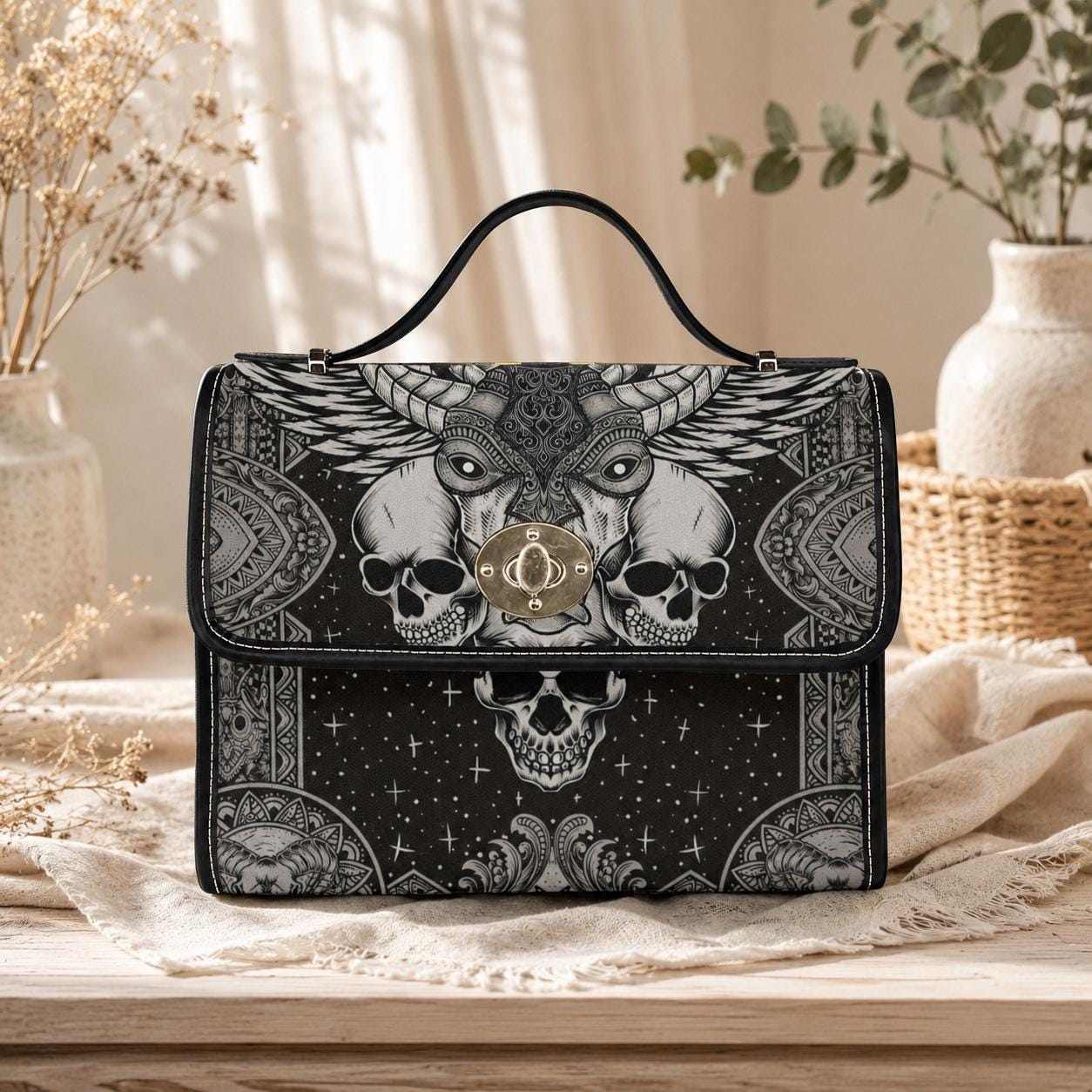 Skull Satchel Purse, Horned Dark Art Handbag, Monochrome Statement Bag