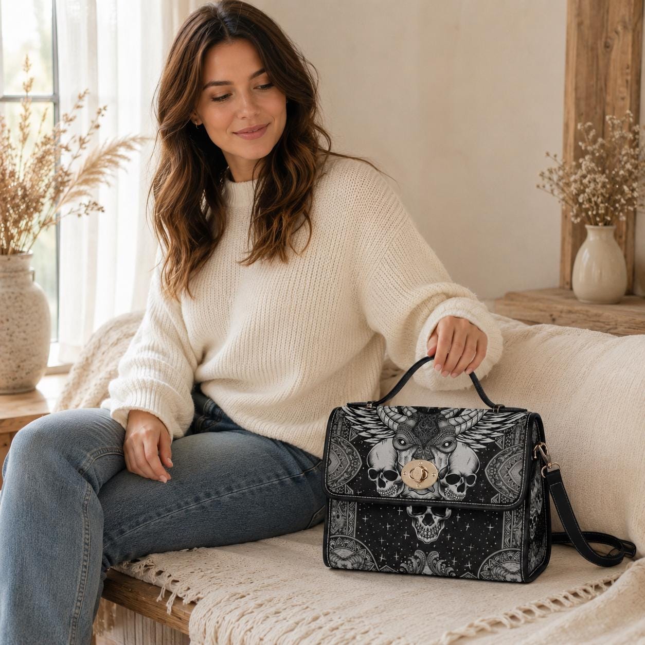Skull Satchel Purse, Horned Dark Art Handbag, Monochrome Statement Bag