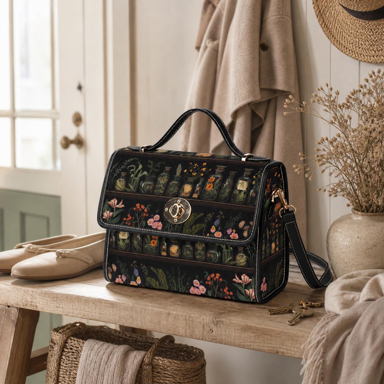 Vintage Apothecary Jars Tote Bag – Herbs & Flowers Illustration