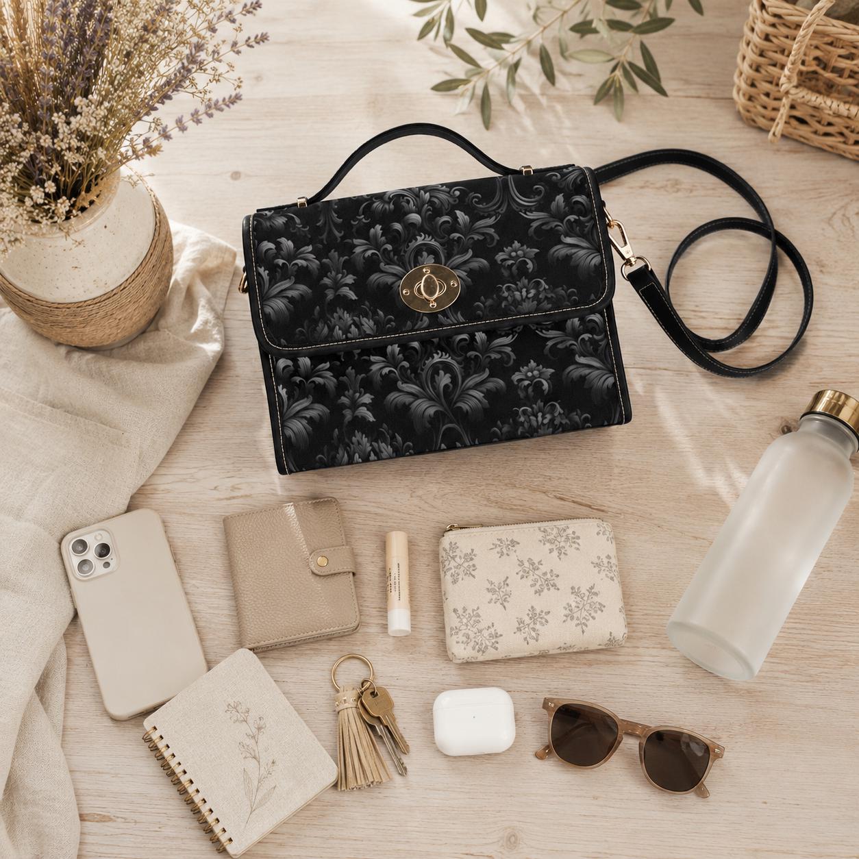 Gothic Damask Canvas Satchel, Victorian Vamp Crossbody Bag