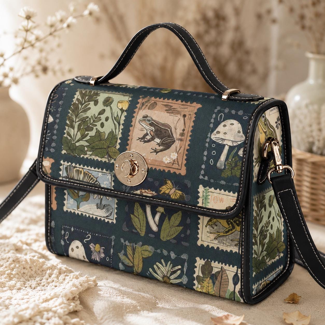 Crossbody Bag, Frog Botanical Purse, Dark Academia Stamp Print Satchel