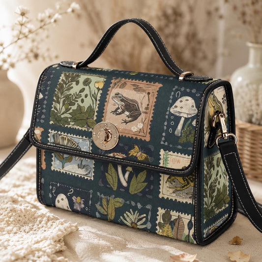 Crossbody Bag, Frog Botanical Purse, Dark Academia Stamp Print Satchel