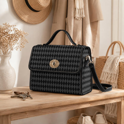 Black harlequin top handle bag, diamond print satchel purse, gothic vintage style handbag