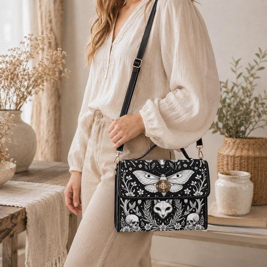Gothic Moth Crossbody Purse, Occult Skull Handbag, Dark Forest Satchel