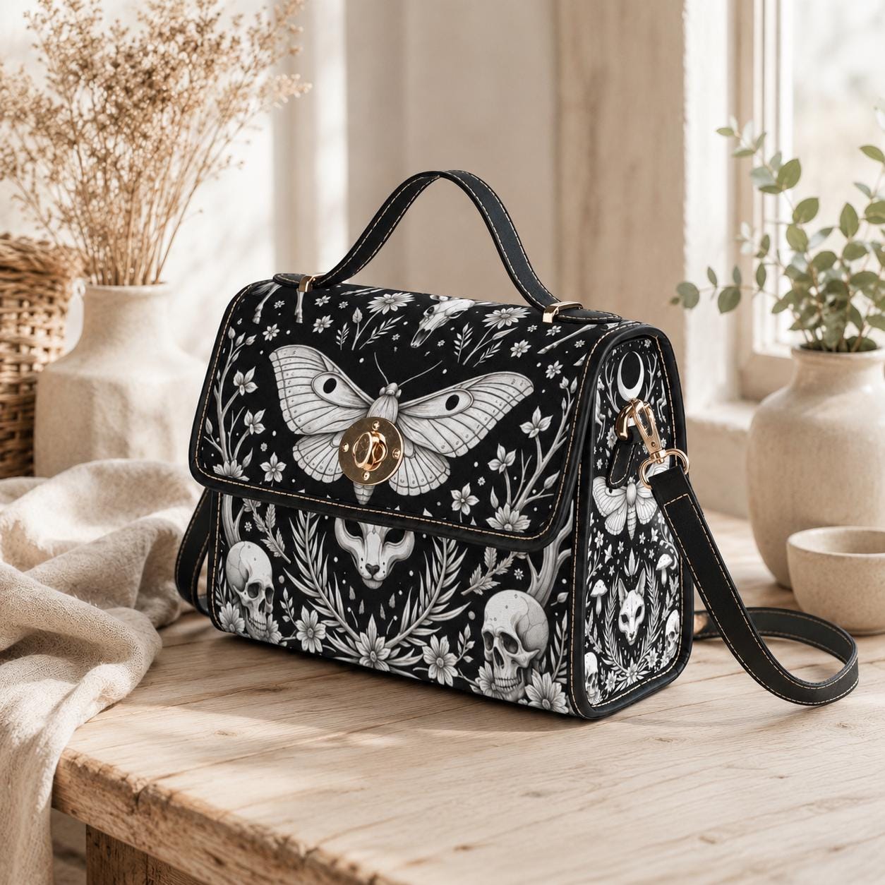 Gothic Moth Familiar Crossbody Purse - Occult Witchcore Skull Print Handbag Dark Forest Magic Spirit Animal Bag Spooky Gift