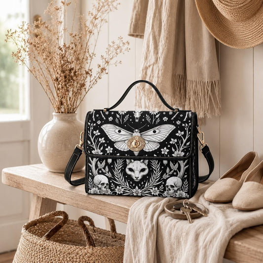 Gothic Moth Crossbody Purse, Occult Skull Handbag, Dark Forest Satchel