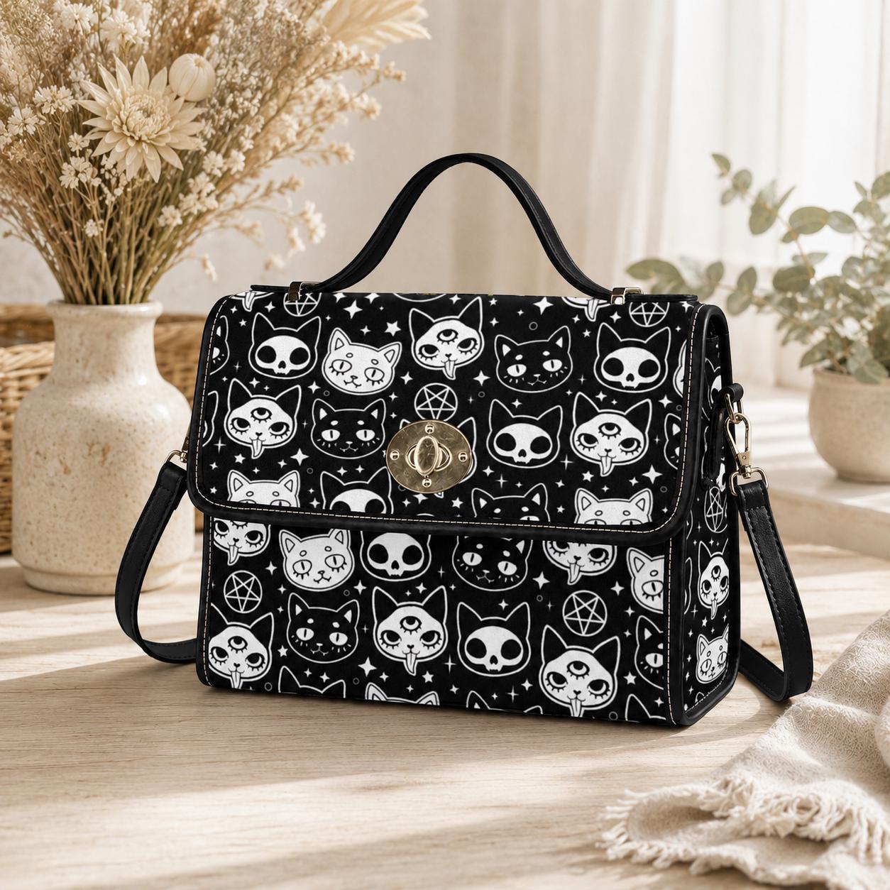 Goth Cat Handbag, Witchy Top Handle Purse, Occult Black White Satchel for Women