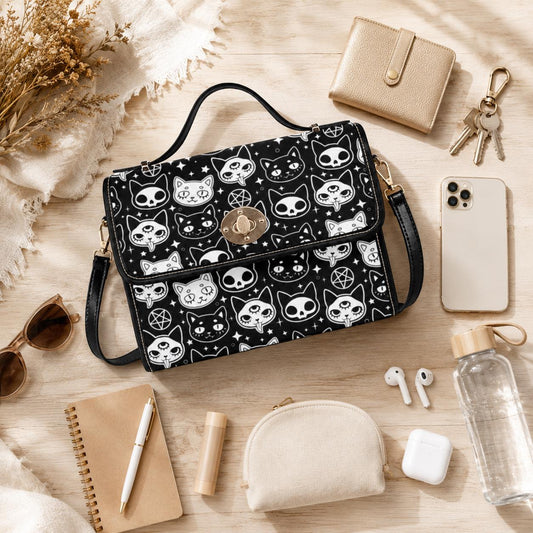 Goth Cat Handbag, Witchy Top Handle Purse, Occult Black White Satchel for Women