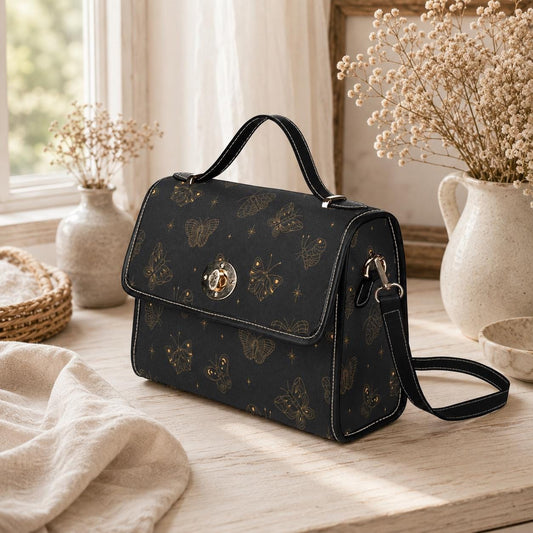 Golden Butterfly Crossbody Bag, Gothic Celestial Purse, Witchy Cottagecore Gift, Waterproof Canvas