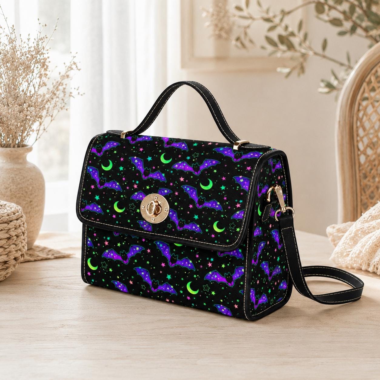 Neon Bat Print Satchel, Spooky Halloween Top Handle Bag, Purple Green Goth Purse
