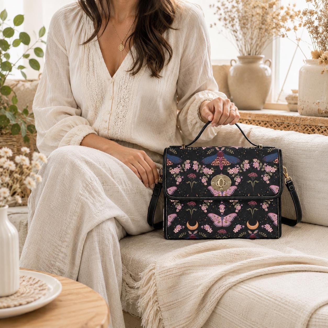 Moon Moth Top Handle Bag, Celestial Floral Satchel, Dark Romantic Handbag for Evening and Cottage Style