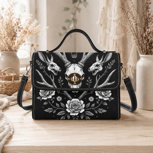 Gothic Deer Skull Satchel, Dark Floral Antler Handbag, Witchcore Evening Bag