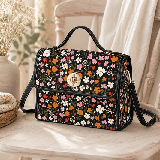 Floral Top Handle Satchel, Retro Wildflower Canvas Crossbody Bag