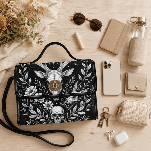 Celestial Skull Satchel Bag, Gothic Deer Floral Top Handle Purse