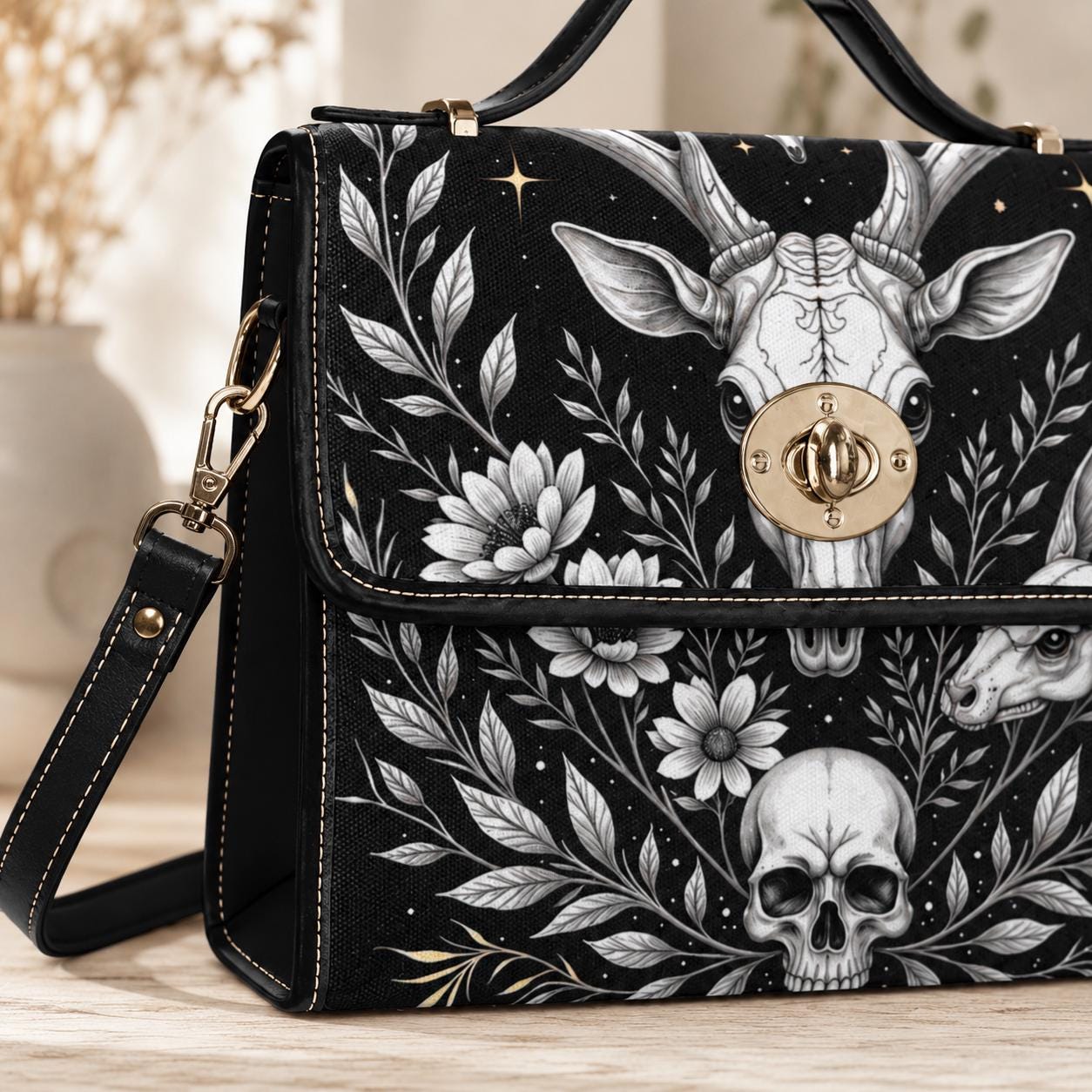 Celestial Skull Satchel Bag, Gothic Deer Floral Top Handle Purse
