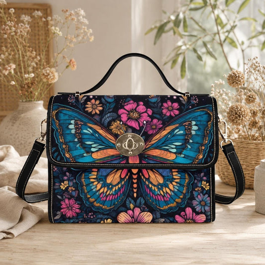 Psychedelic Butterfly Canvas Shoulder Bag, Floral Crossbody Satchel, Boho Hippie Purse