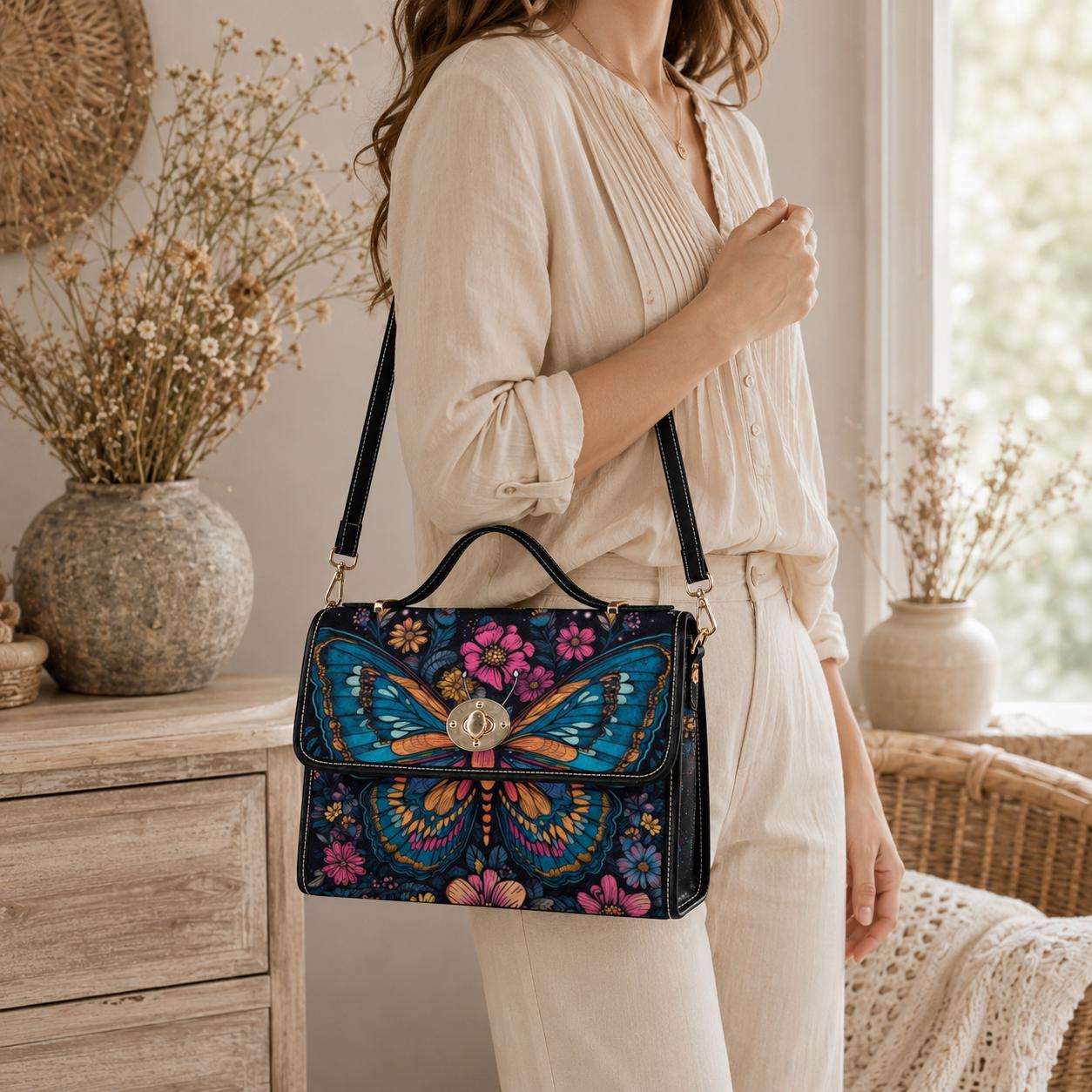 Psychedelic Butterfly Canvas Shoulder Bag, Floral Crossbody Satchel, Boho Hippie Purse