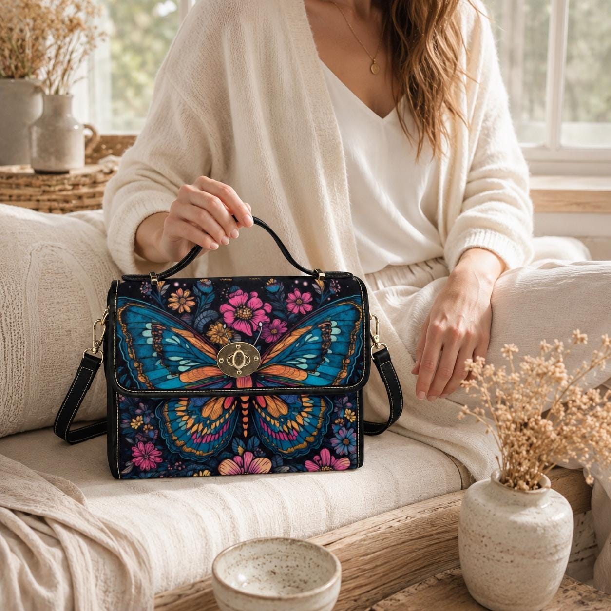 Psychedelic Butterfly Canvas Shoulder Bag, Floral Crossbody Satchel, Boho Hippie Purse