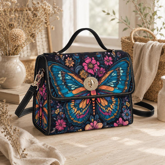 Psychedelic Butterfly Canvas Shoulder Bag, Floral Crossbody Satchel, Boho Hippie Purse