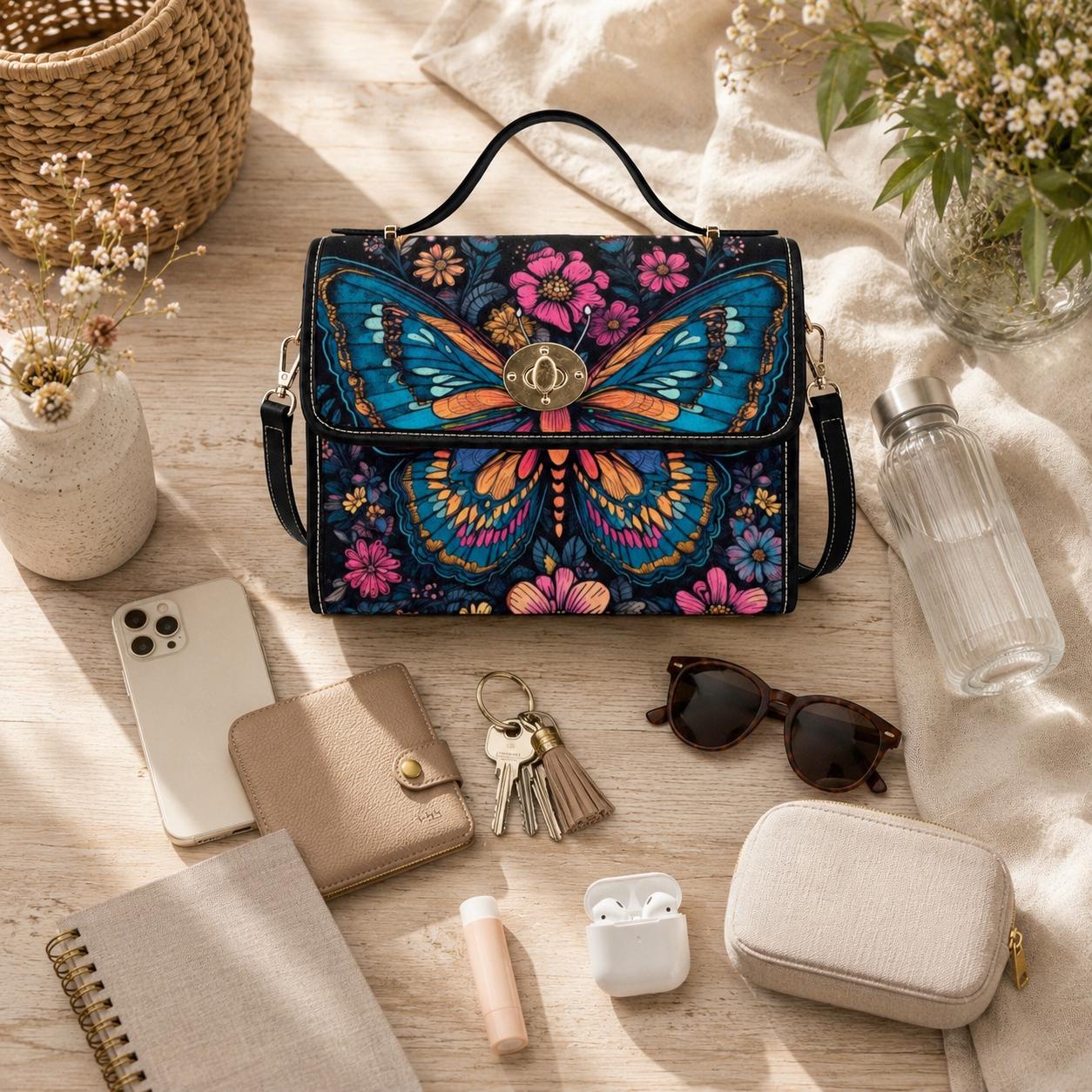 Psychedelic Butterfly Canvas Shoulder Bag, Floral Crossbody Satchel, Boho Hippie Purse